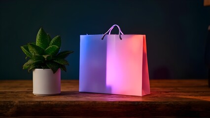 Hanging Paper Pouch with a Gradient Glow, featuring a Succulent Plant on a Wooden Table

