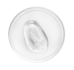 Cosmetic product in Petri dish isolated on white, top view