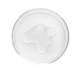 Cosmetic product in Petri dish isolated on white, top view
