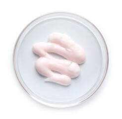 Cosmetic product in Petri dish isolated on white, top view