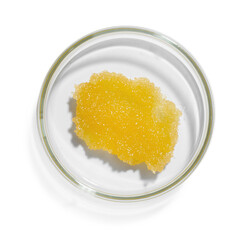 Cosmetic product in Petri dish isolated on white, top view