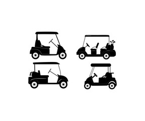 A set of four silhouette icons of golf carts, each with different seating arrangements and canopy designs. These vector illustrations are ideal for use in golf-related content, transportation signage,