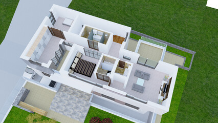 house on the lawn, 3d rendering plan layout of a modern single house