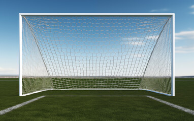 A soccer goal stands on a green grass field