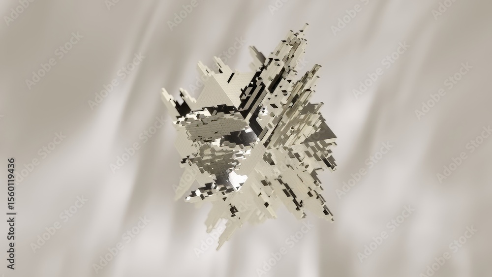 Poster metallic cubes slowly rotating, revealing intricate geometric patterns and complexity against pristi