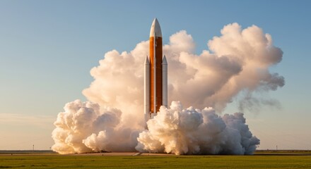 Rocket Launch with Smoke over Green Field

