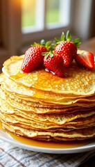A stack of homemade pancakes topped with fresh strawberries and drizzled with syrup,golden brown , served on a white plate.