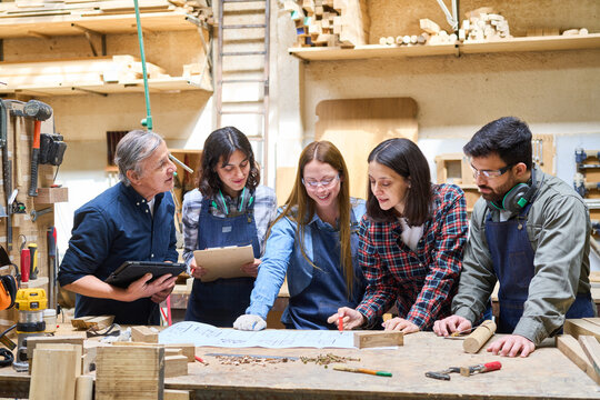 Team collaboration in a busy lumberyard workshop setting