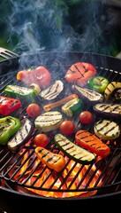 Grilled vegetables on a barbecue grill. Colorful bell peppers, zucchini, and eggplant are cooking over flames, creating smoke 