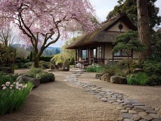 Serene spring tea house, tranquil japanese garden, blooming cherry blossoms, peaceful path.
