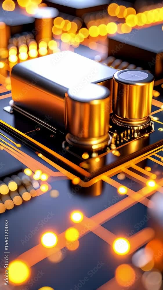 Poster macro shot of circuit board with electronic components including capacitors and chips on black backg