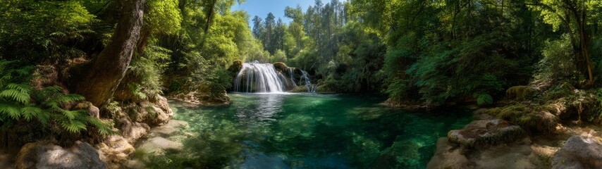 Fototapeta premium Serene waterfall scene nature haven hdr 360 degrees hdri peaceful landscape