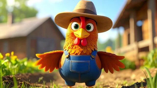 Chciken Dressed as a Farmer Talking to the Camera