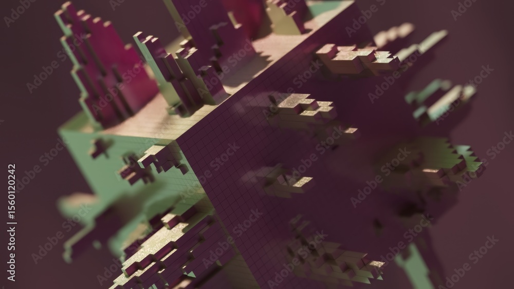 Aufkleber metallic cube structure rotating slowly, revealing complex geometric design with extruding blocks ag