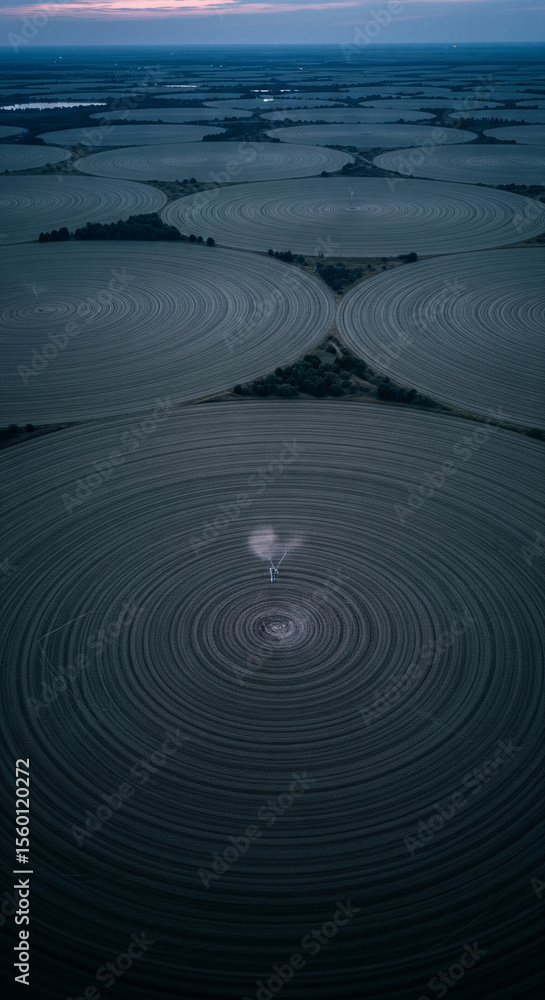 Poster aerial view of concentric circular fields, showing agricultural irrigation patterns at dusk, represe