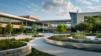 Modern commercial building exterior displays architectural design and lush landscaping around the campus.