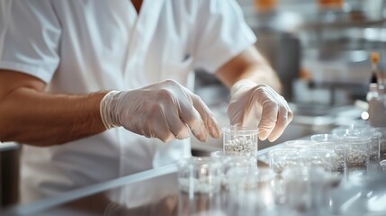 Scientist carefully measures and sorts pills in a laboratory setting during a research project