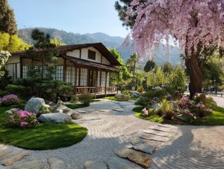 Serene spring tea house, tranquil japanese garden, blooming cherry blossoms, scenic mountains.