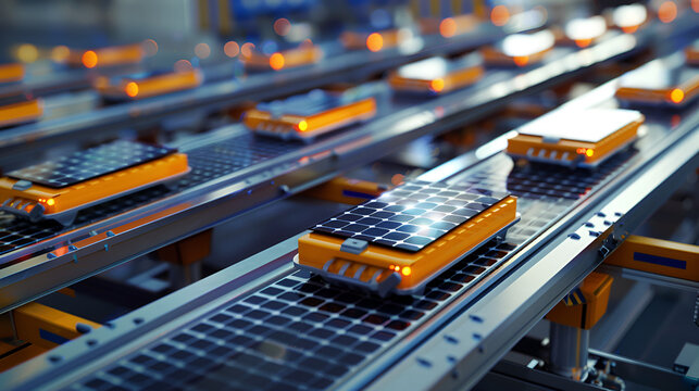 Automated solar panel carriers on a factory conveyor system represent sustainable manufacturing and energy efficiency.