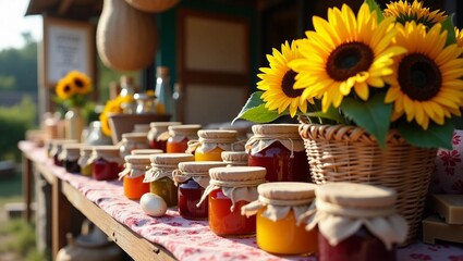 Close-up of jam jars, sunflowers and handmade goods at the village market.