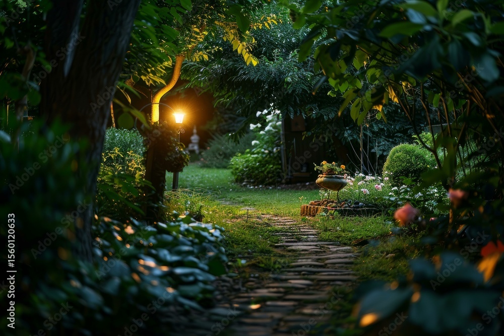 Poster charming cobblestone path winding through a tranquil garden illuminated by a warm lamp at twilight