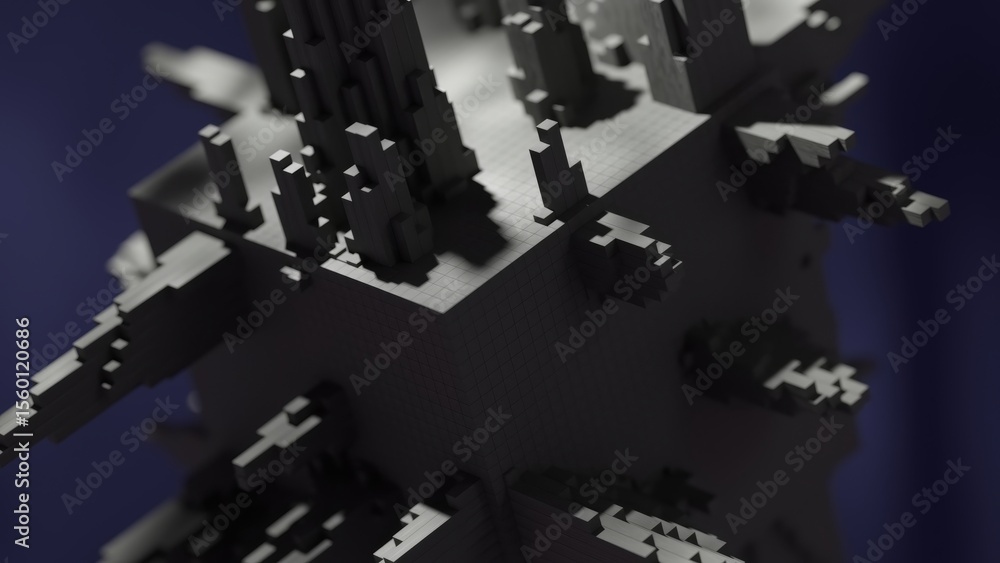 Poster intricate pixelated cube rotating slowly, revealing complex geometric structure with sharp protrusio
