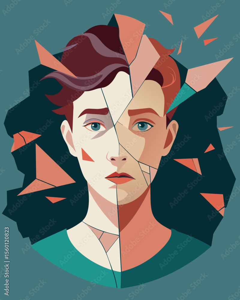 Poster a drawing of a shattered mirror each piece reflecting a different part of a persons face some normal