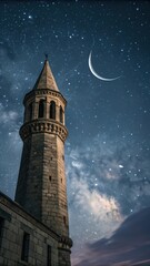 Fototapeta premium Stone tower illuminated under a starry night sky with a crescent moon shining brightly above