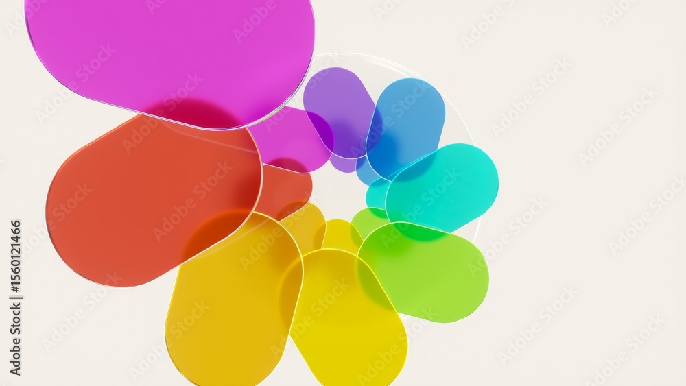 Poster transparent rainbow-colored rounded shapes rotating, forming spiral pattern against white background