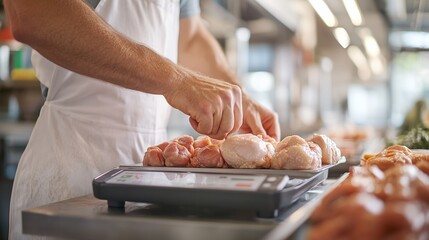 Preparing chicken for sale at a meat market during daylight hours in a bustling urban area