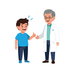 A happy boy gives a thumbs up to his smiling doctor in a white coat.