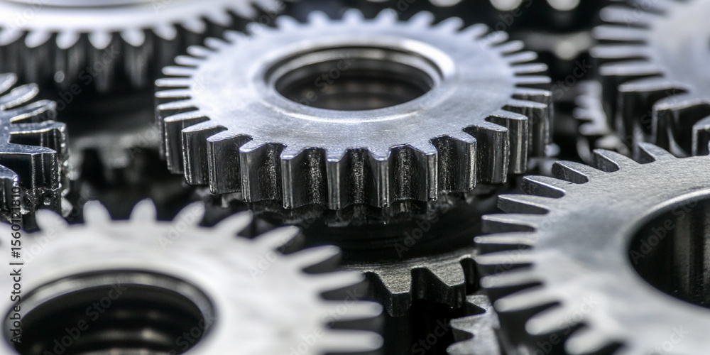 Poster Close-up view of interlocking metal gears showing detail Generative AI
