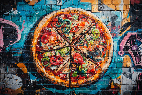 Colorful whole pizza graffiti art with vibrant toppings on textured urban brick mural background