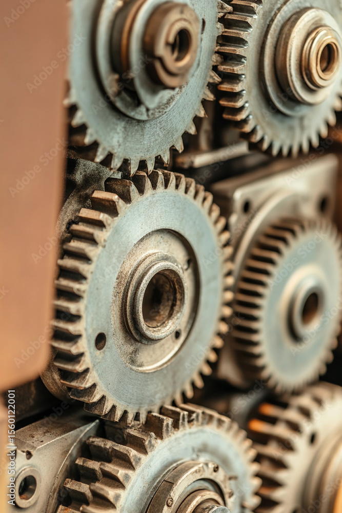 Poster Close-up view of intricate metal gears in motion Generative AI