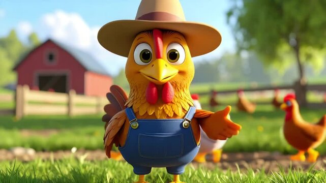 Chciken Dressed as a Farmer Talking to the Camera