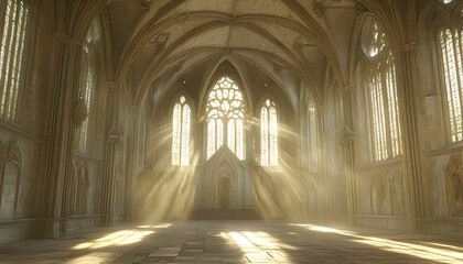 Grand, light-filled cathedral interior with gothic arches and bright light shining through windows