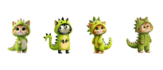 Obraz premium Four Adorable Cartoon Cats Dressed in Green Dinosaur Outfits Standing on Black Background