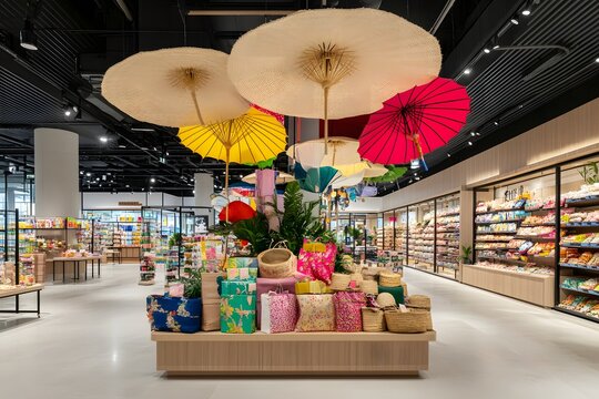 Colorful Umbrellas and Decorative Baskets in Modern Retail Space Display - Powered by Adobe
