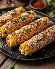 Delicious Grilled Corn Elote on Cob with Spices and Cheese on Rustic Wooden Table