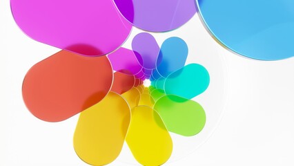 Transparent colorful ovals rotating dynamically, generating mesmerizing spiral pattern with vibrant rainbow gradient against pristine white backdrop, creating hypnotic geometric visual flow