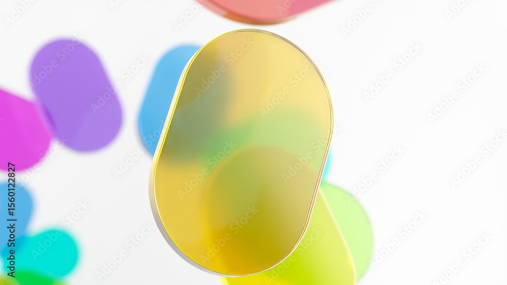 Poster yellow oval shape rotates in the center, surrounded by colorful rounded shapes of varying translucen