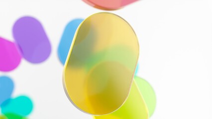 Yellow oval shape rotates in the center, surrounded by colorful rounded shapes of varying translucency, creating a visually appealing abstract composition on a white background