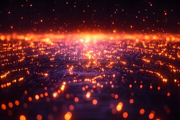 Naklejka premium Futuristic Digital Landscape with Glowing Neon Lights and Cyber Patterns