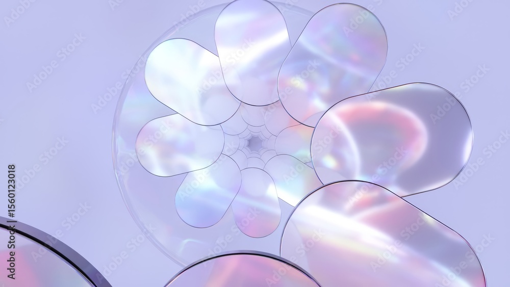 Poster transparent iridescent rounded shapes are rotating, creating a mesmerizing spiral pattern against a 