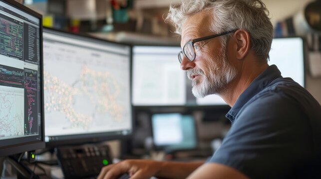 Expert in technology analyzes data on multiple computer screens in a modern office environment during daytime hours