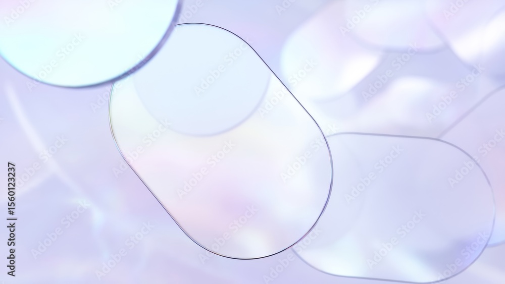 Poster glassy rounded rectangle shapes rotate slowly against a purple background with iridescent reflection