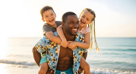 Happy father carrying kids on back at beach summer vacation travel family lifestyle african american dad father's day