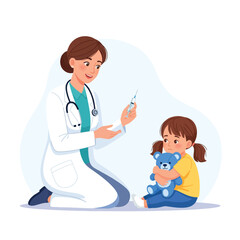 A doctor prepares to administer a vaccine to a young child, holding a syringe.