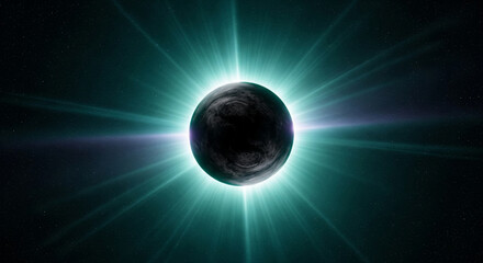 Dark planet, teal light rays, starry background, cosmic scene, suggesting power, mystery, and the vastness of space