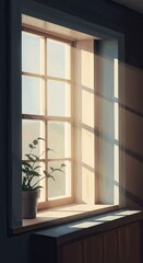 Fototapeta premium Sunlight streams into a room through a window with a houseplant.